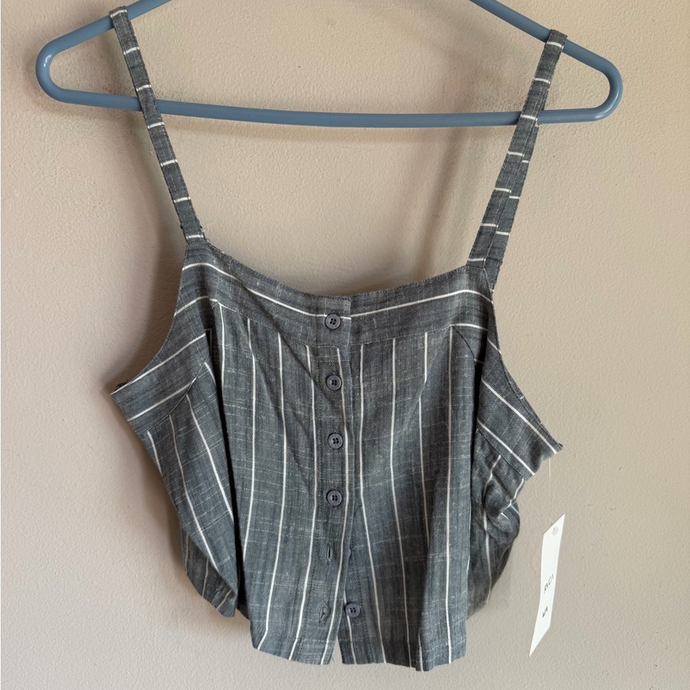 RVCA‎ Womens Grey White Striped Button Down Crop Top Cami Linen Blend Small NEW